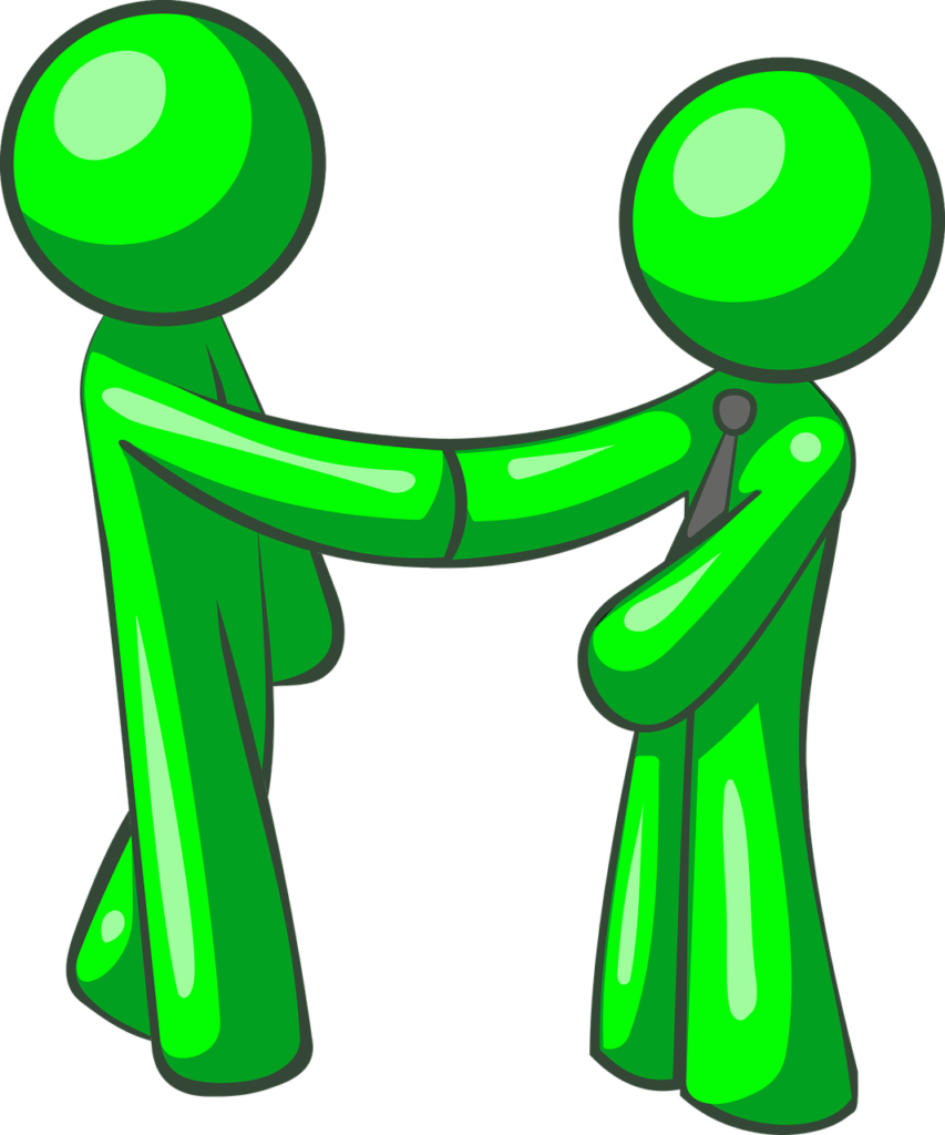 Two green figures shaking hands – symbolizing agreement and partnership in the handyman industry.